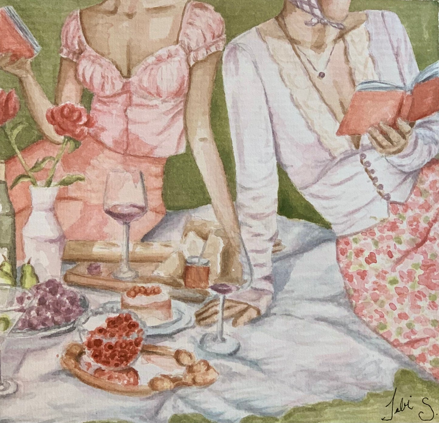 Picnic Girls Original Watercolor Painting