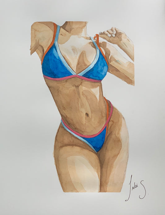 Blue Bikini Boudoir Model - Original Watercolor Painting