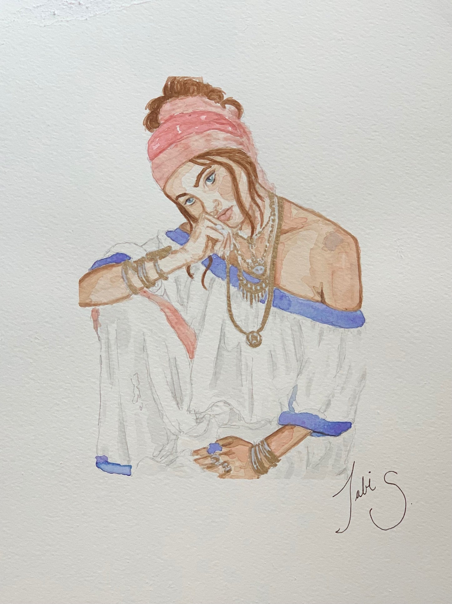 Original Watercolor Boho Girl Painting
